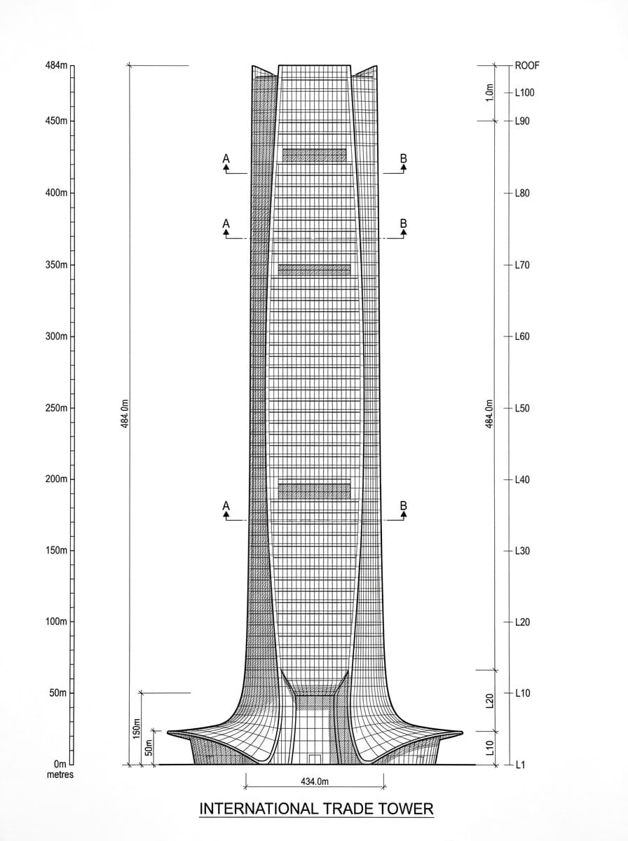 Architectural elevation drawing of International Trade Tower, Kowloon City, Hong Kong