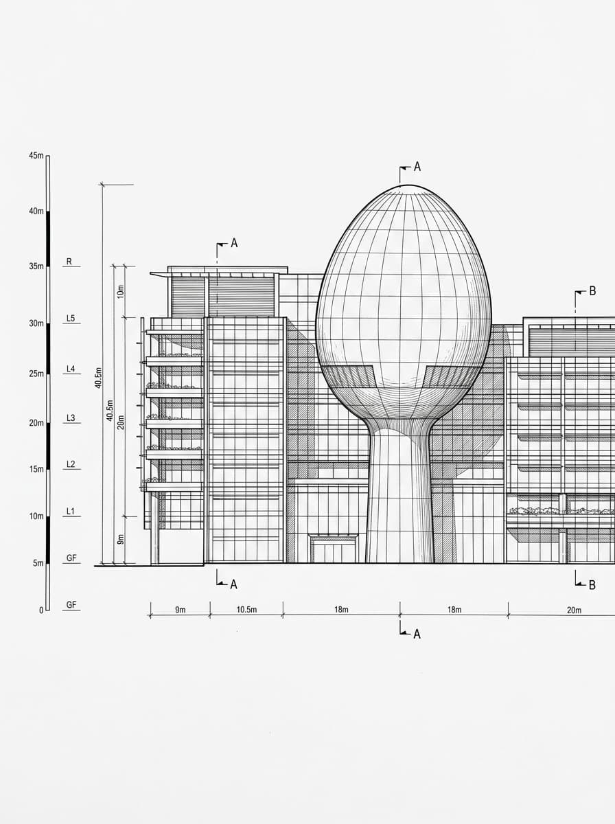 Architectural elevation drawing of Hong Kong Science Park, Sha Tin, Hong Kong