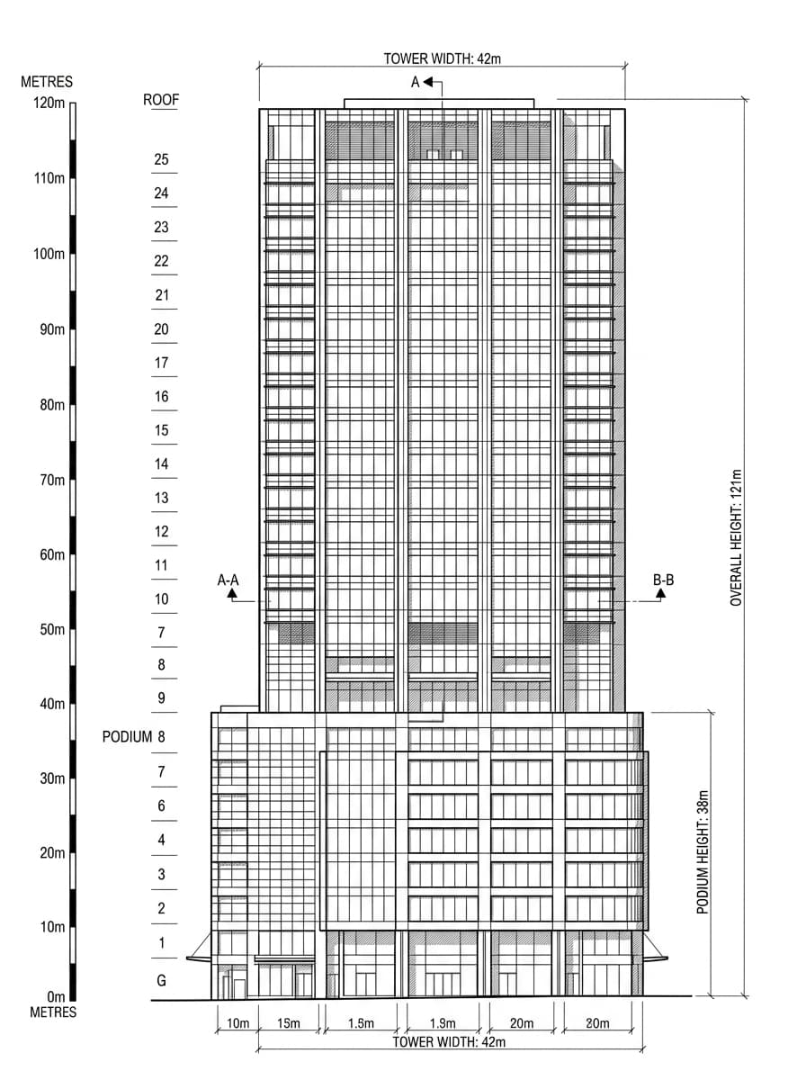 Architectural elevation drawing of Pioneer Centre, Yau Tsim Mong, Hong Kong