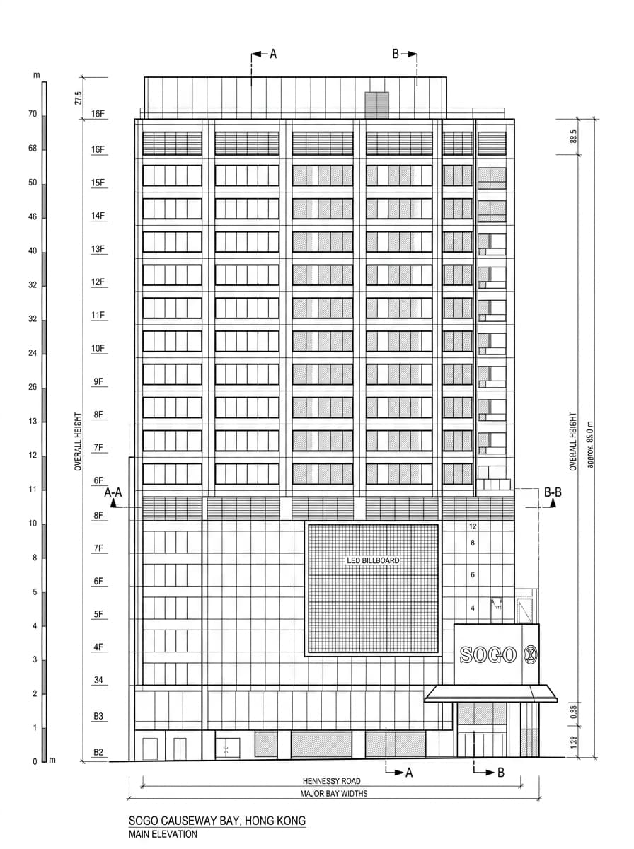 Architectural elevation drawing of SOGO Causeway Bay, Causeway Bay, Hong Kong
