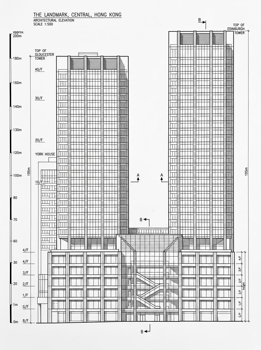 Architectural elevation drawing of The Landmark, Central, Hong Kong