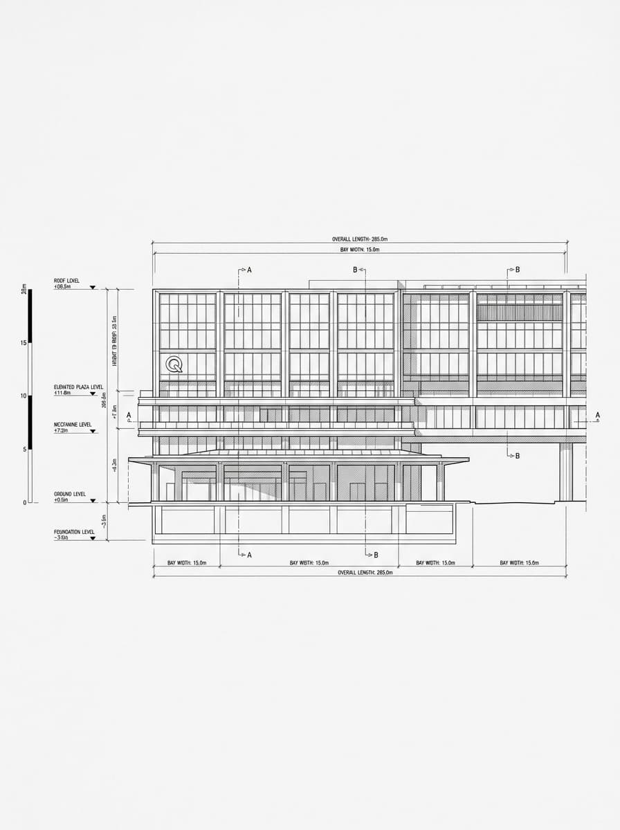Architectural elevation drawing of Queensway Plaza, Admiralty, Hong Kong