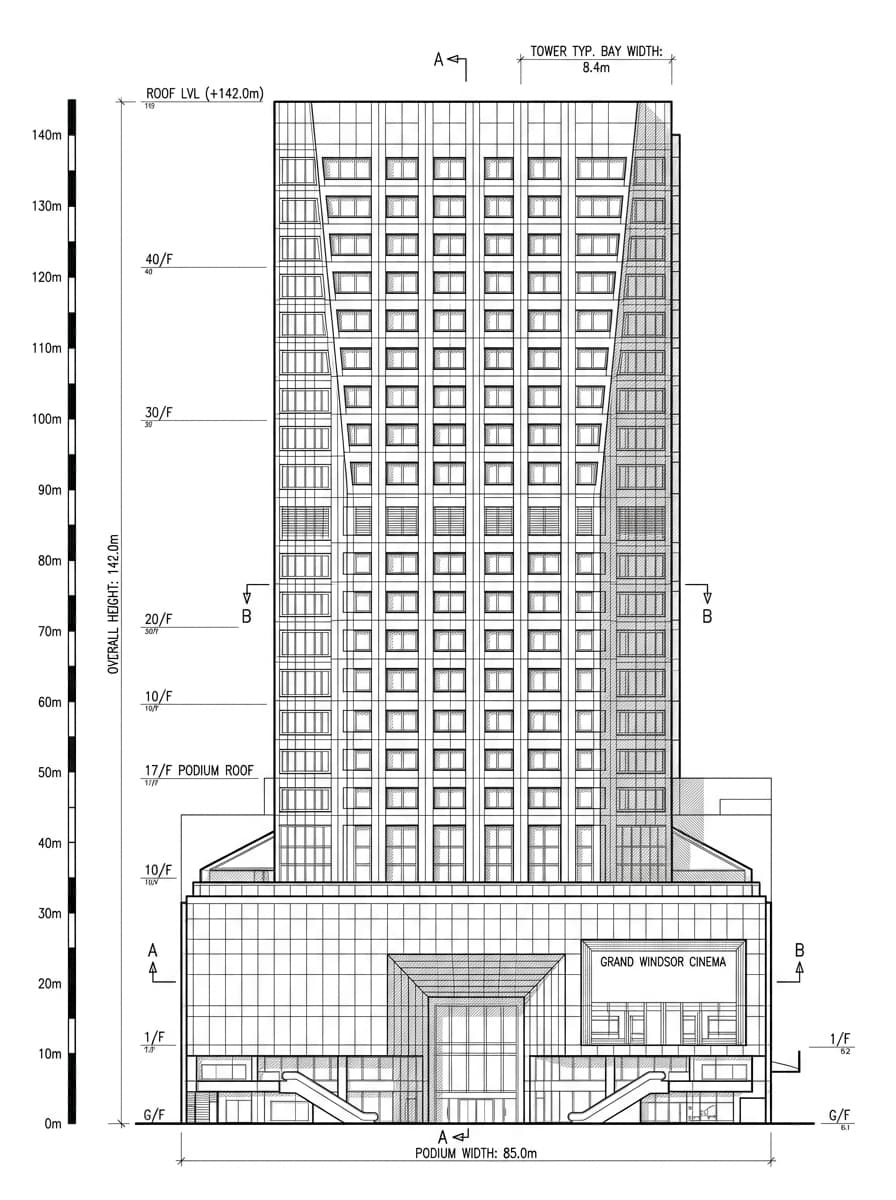 Architectural elevation drawing of Windsor House, Causeway Bay, Hong Kong