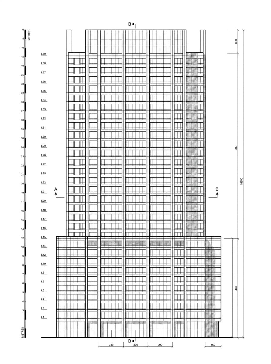 Architectural elevation drawing of World Trade Centre, Causeway Bay, Hong Kong
