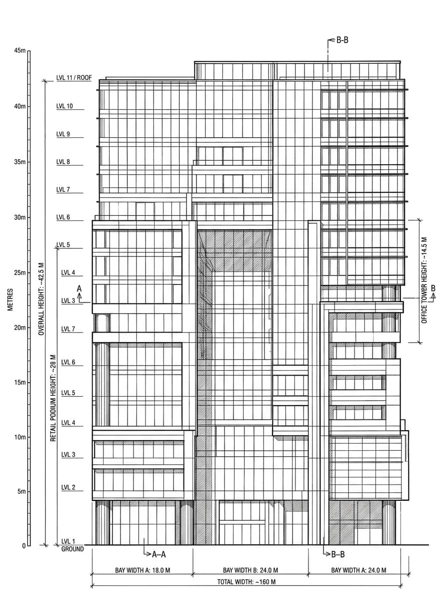 Architectural elevation drawing of Festival Walk, Kowloon City, Hong Kong