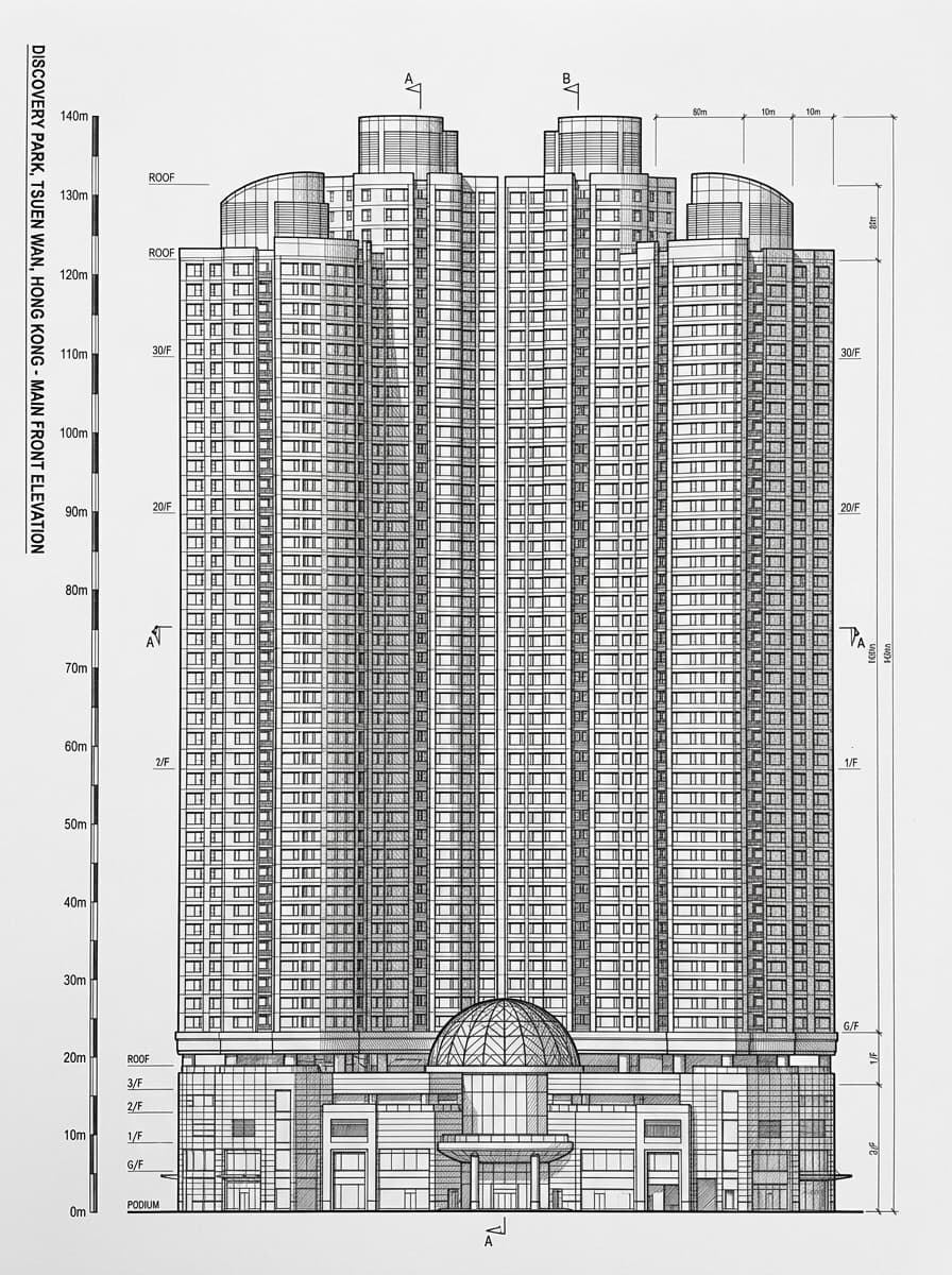 Architectural elevation drawing of Discovery Park, Tsuen Wan, Hong Kong