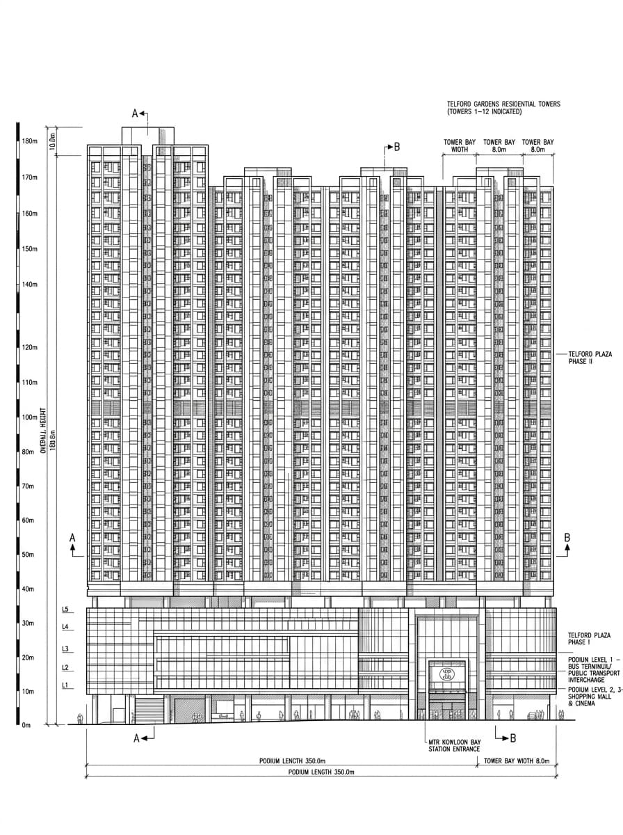 Architectural elevation drawing of Telford Plaza, Kwun Tong, Hong Kong