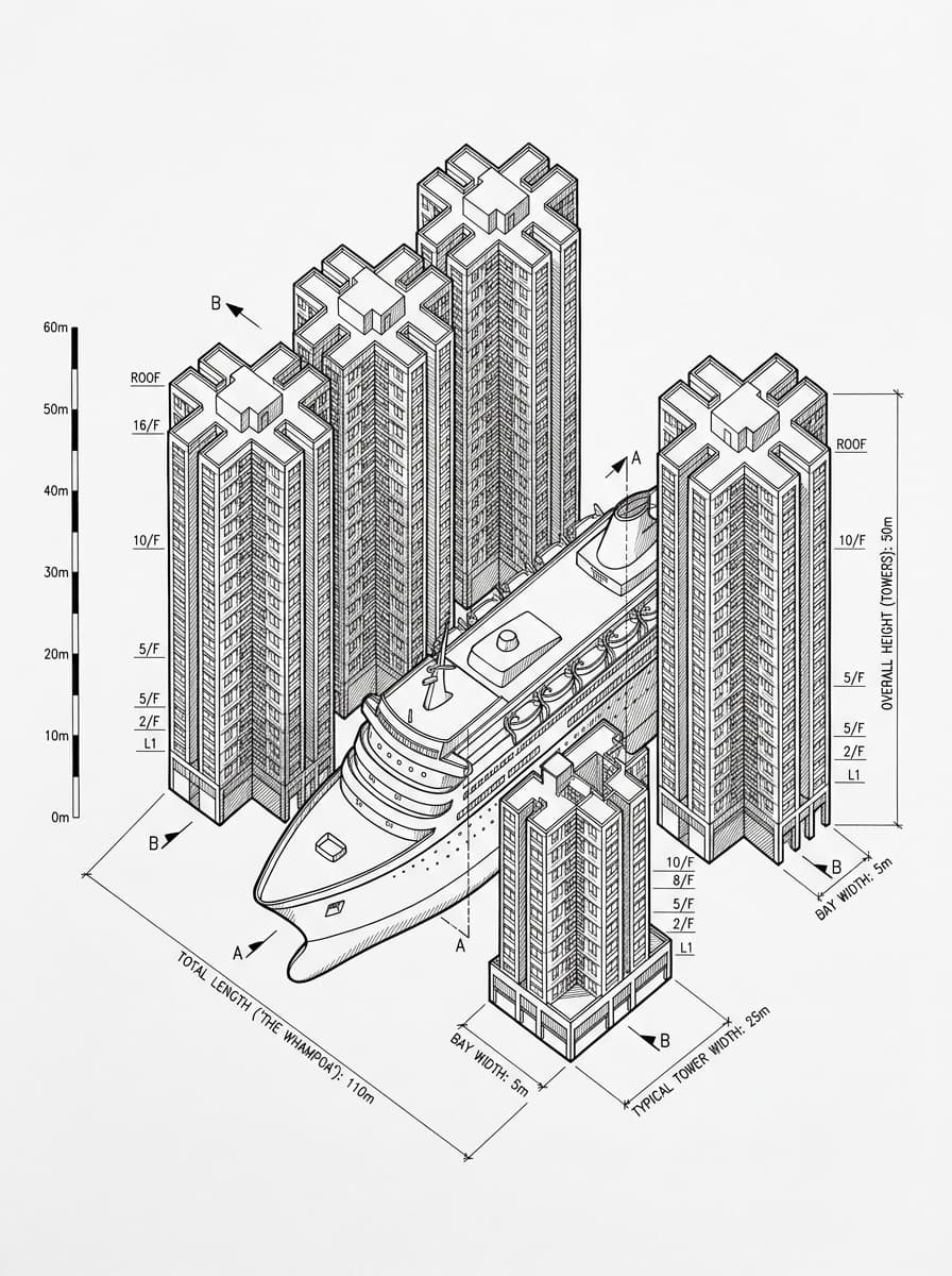 Architectural elevation drawing of Whampoa Garden, Kowloon City, Hong Kong