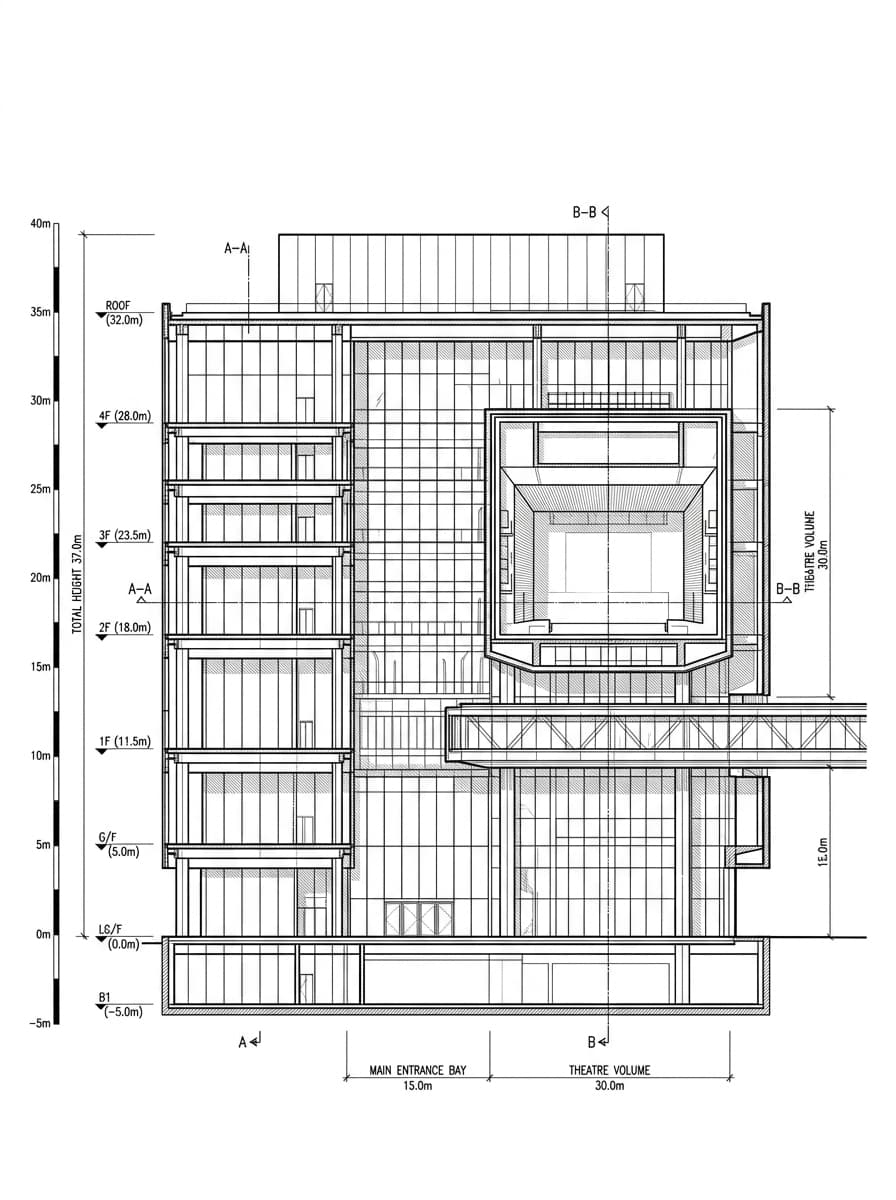 Architectural elevation drawing of East Kowloon Cultural Centre, Kwun Tong, Hong Kong